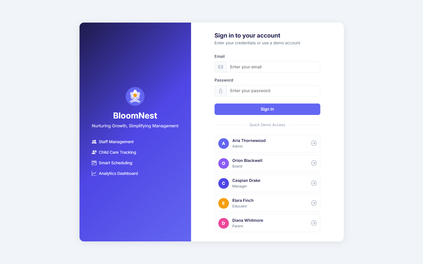 BloomNest login page