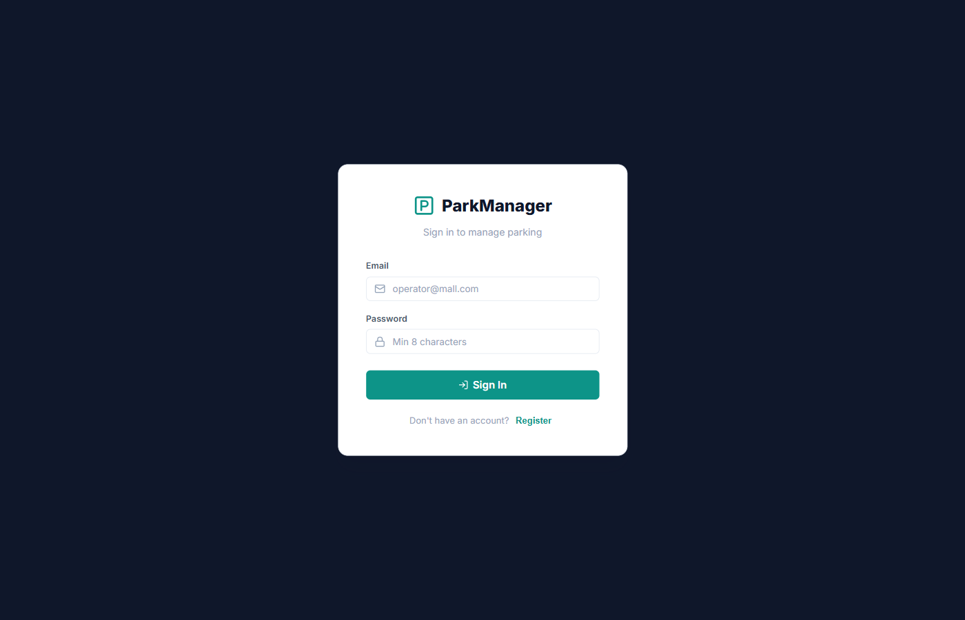 ParkManager login screen