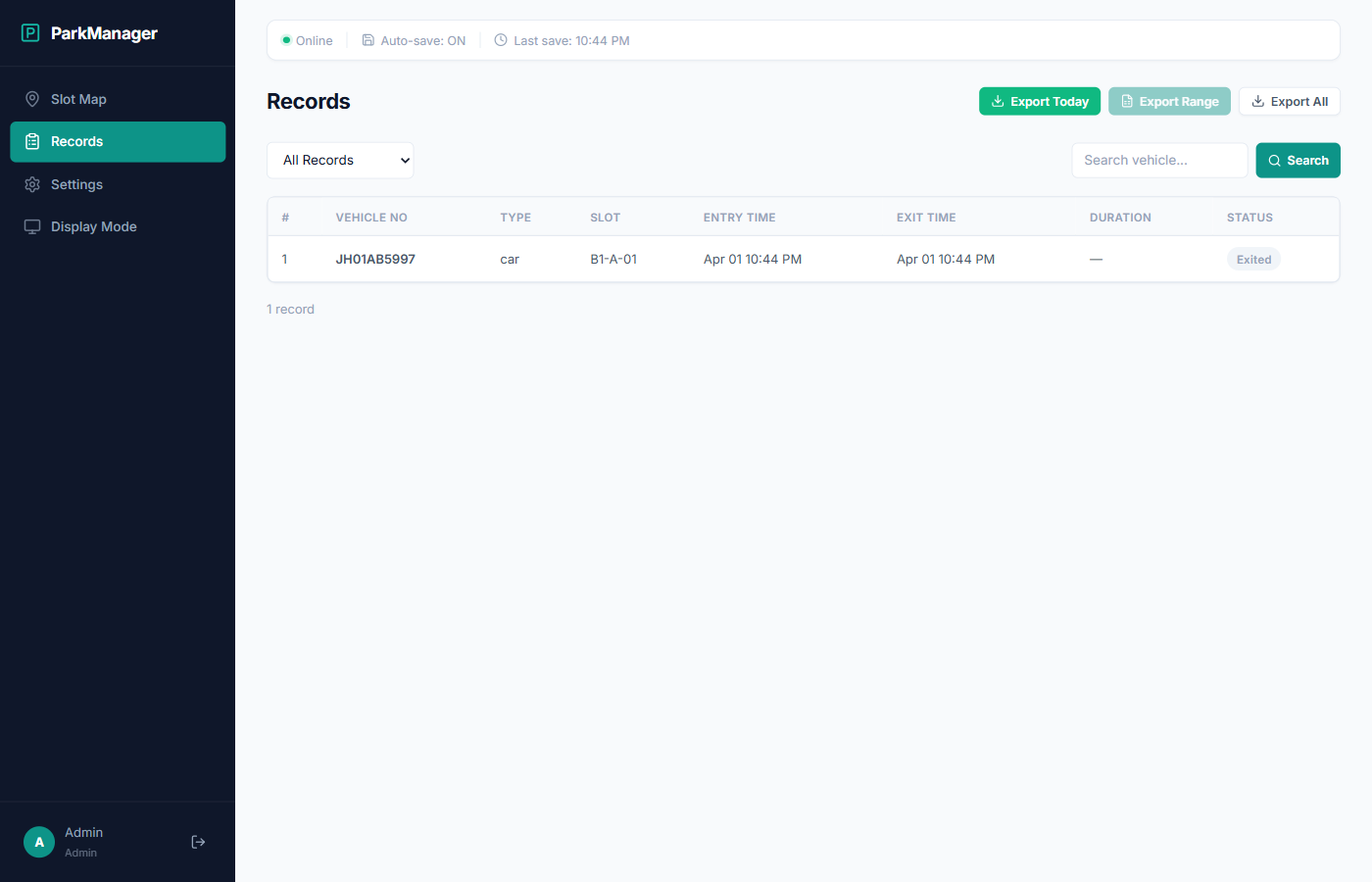 ParkManager records dashboard