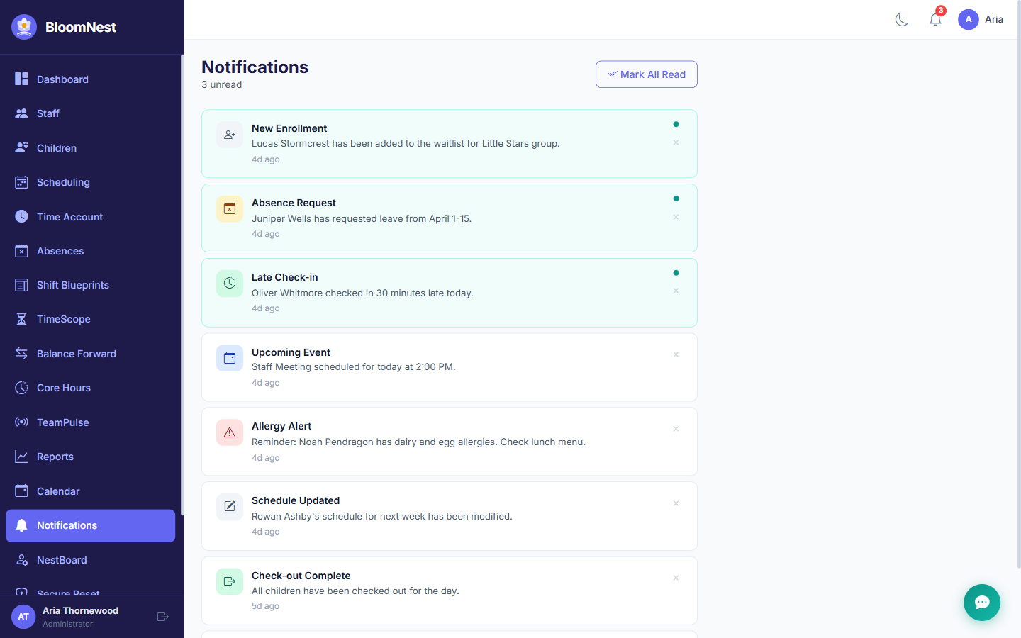BloomNest notifications screen