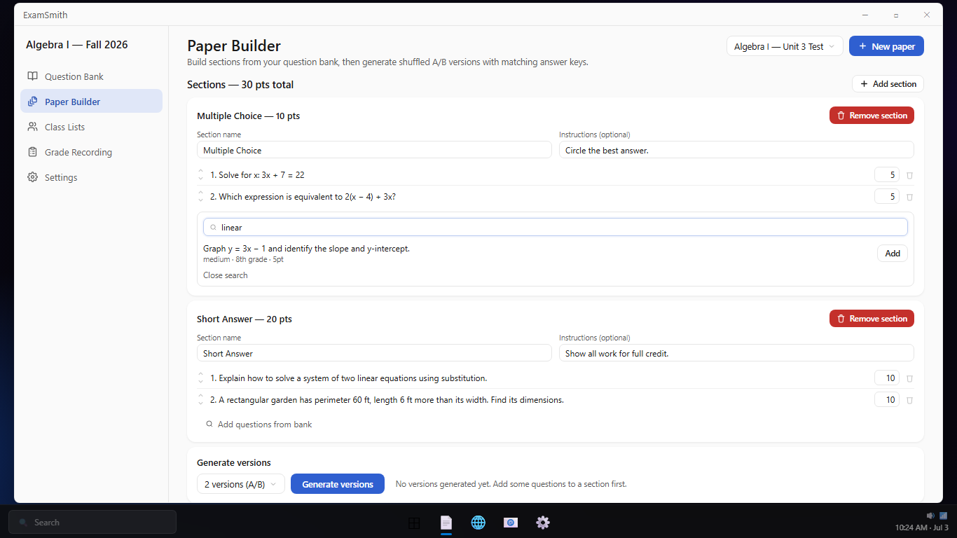 ExamSmith - Exams and Worksheets from a Question Bank screenshot