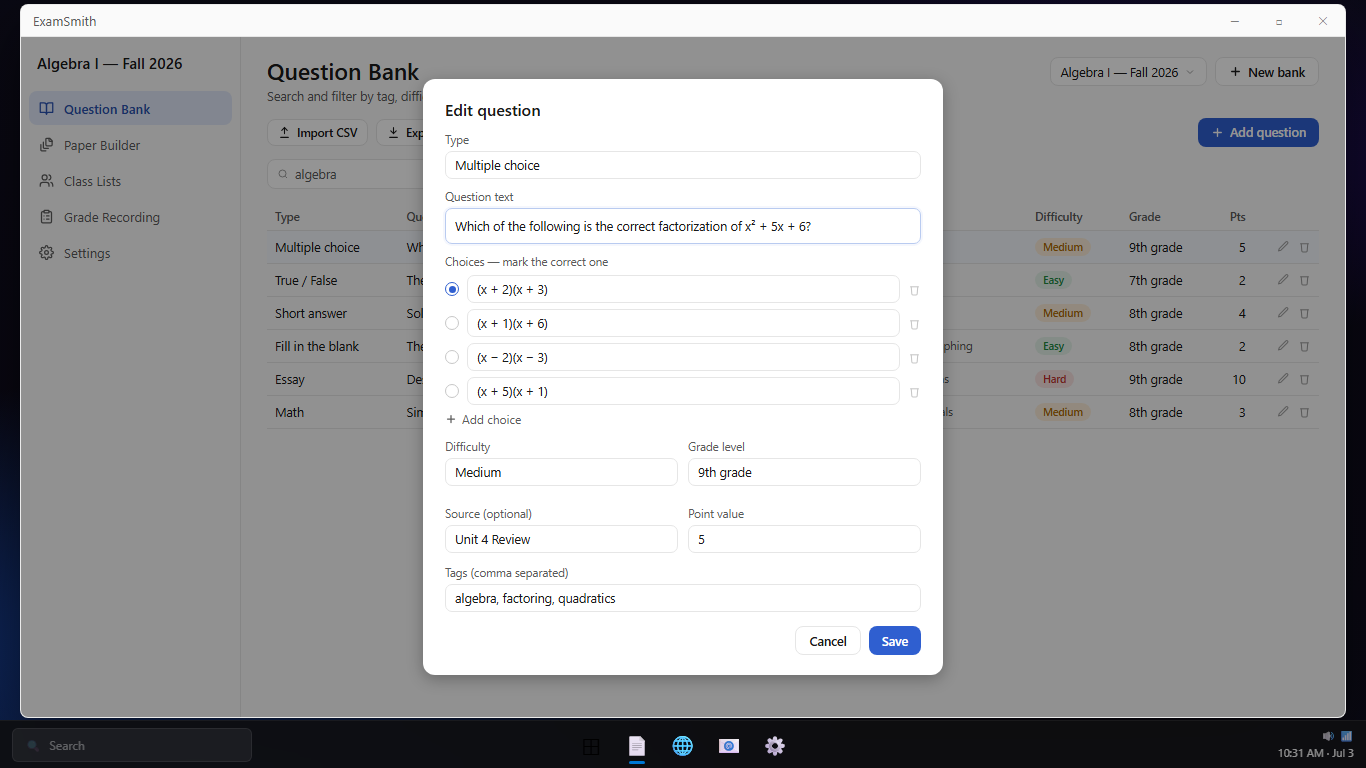 ExamSmith - Exams and Worksheets from a Question Bank screenshot 2