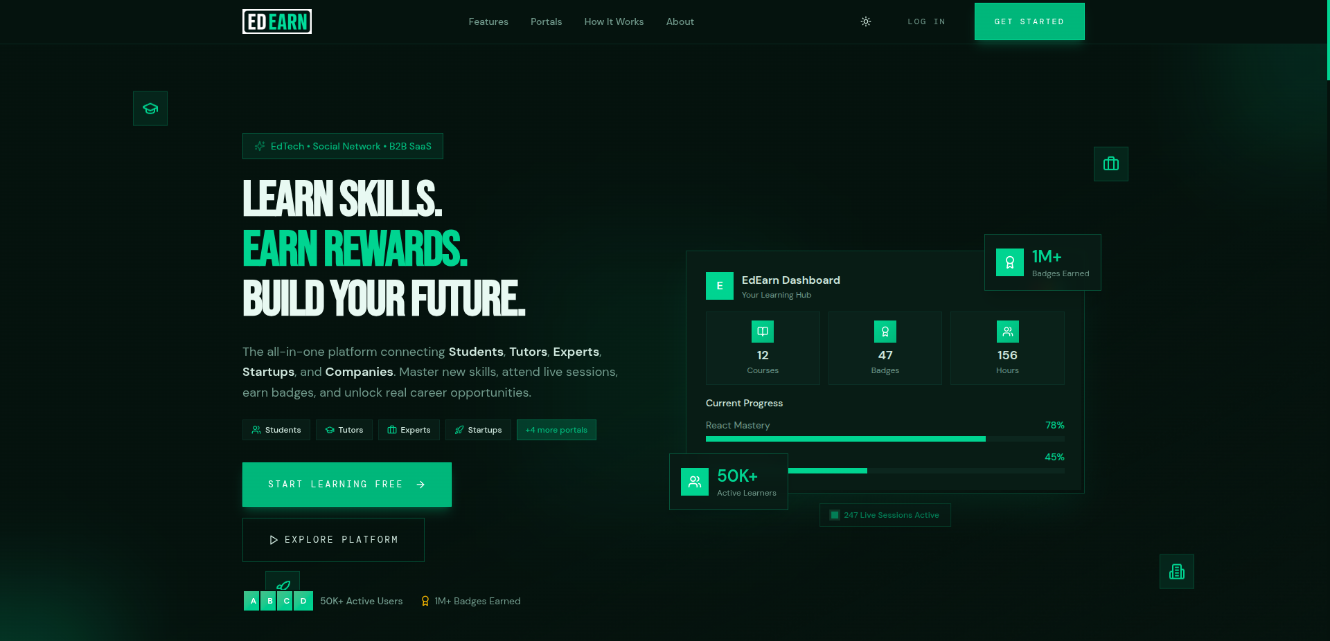 EdEarn homepage — Learn Skills. Earn Rewards. Build Your Future.